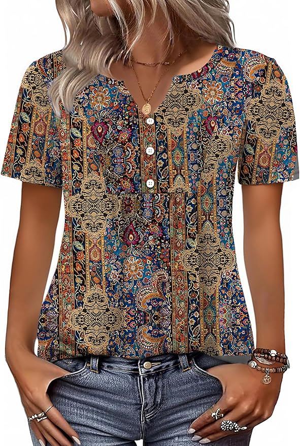 Zeagoo Womens Short Sleeve Tops Summer Henley V-Neck Tshirts Casual Pleated Blouse Dressy Loose Floral Basic Tee by Zeagoo
