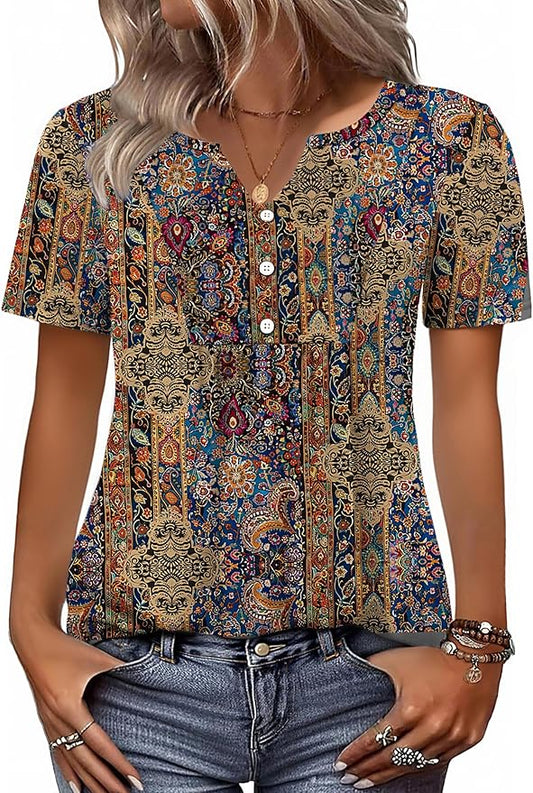 Zeagoo Womens Short Sleeve Tops Summer Henley V-Neck Tshirts Casual Pleated Blouse Dressy Loose Floral Basic Tee by Zeagoo
