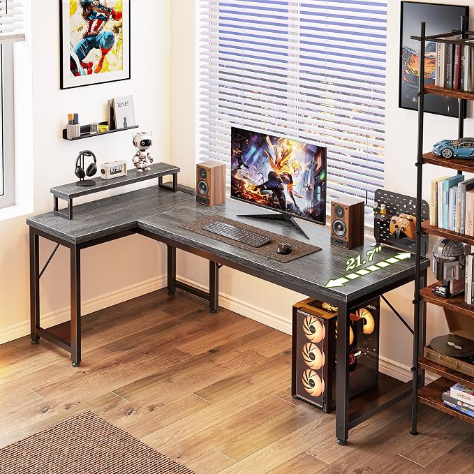 PRAISUN 53" L Shaped Computer Desk, Power Outlets, Monitor Stand, Grey | USB-C Ports, Reversible Charging Station, Spacious Desktop & Legroom, 0.94 Inch Thick Desktop, for Gaming, Study & Work - Image 7