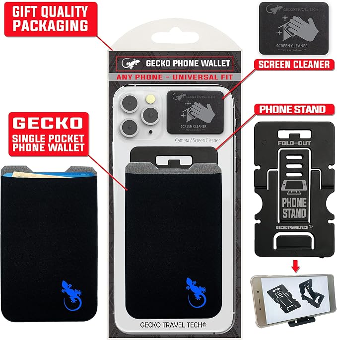 Phone Wallet - Adhesive Card Holder - Cell Phone Pouch - Stick on Lycra Pocket by Gecko - Carry Credit Cards and Cash - Image 8