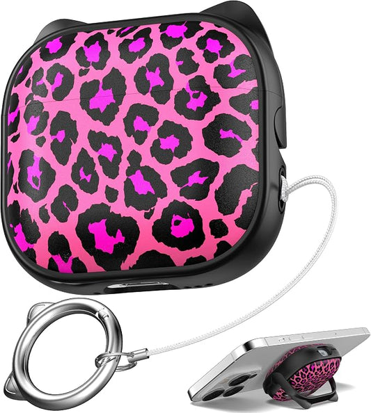 for AirPods 4 Case with Cleaning Kit, Cute Cat Ear Print Design & Cute Buckle, Inverted Phone Holder Design, Top Safe Lock Buckle Design, for Girls AirPods 4 case 2024, Rose Leopard by MHYALUDO