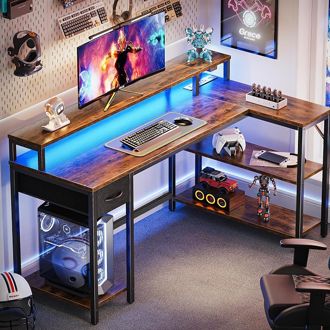 SUPERJARE 53 inch Reversible L Shaped Desk with LED Lights & Power Outlets, Computer Desk with Shelves & Monitor Stand, Gaming Desk with Drawer, Home Office Desk Corner Desk, Rustic Brown - Image 2