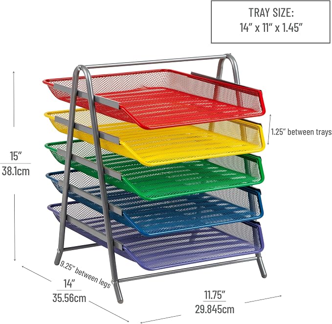 Mind Reader 5-Tier Paper Tray Organizer with Multicolor Trays, Classroom File Organizer for Teachers, Metal Mesh, Assorted Colors - Image 3