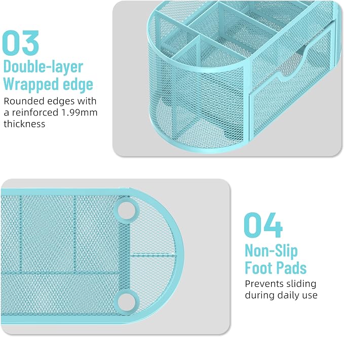 Mesh Desk Organizer with Drawer, 9-Compartment Pen Holder for Desk, Blue | Pull-Out Drawer Stores Pens, Pencils, Clips, Notes, and Small Office or School Supplies in One Compact Desk Caddy - Image 6