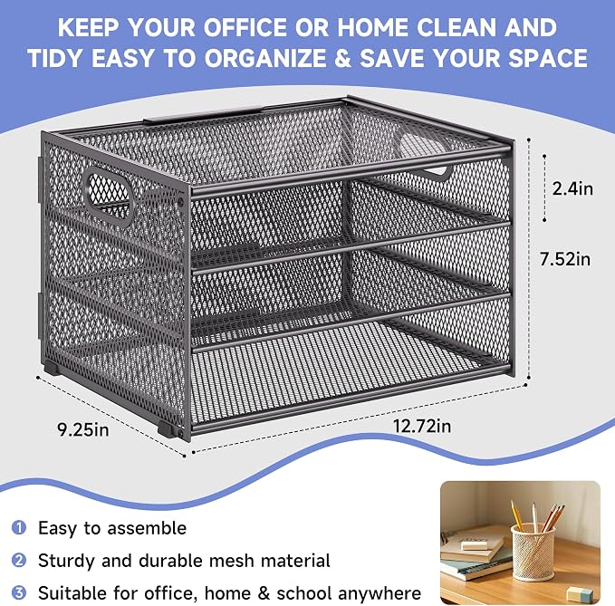 Subekyu Paper Letter Tray Organizer for Desk, Gray Metal Mesh Desk File Sorter Organizer with Handle and 2 Sliding Trays for Home Office School Supplies Organization - Image 5