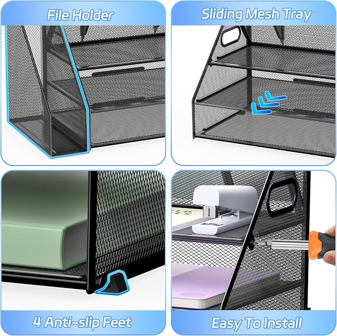 Docnest 3 Tier Desk Organizer with File Holder & Pen Holder, Black | Features 3 built-in pen holders with removable dividers. Space-saving mesh storage for office mail, files & stationery - Image 5