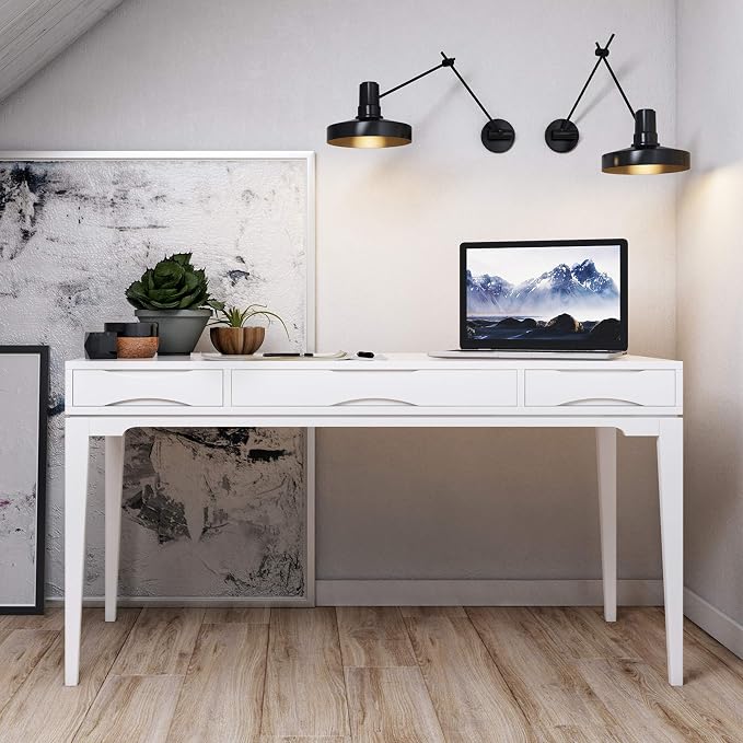 SIMPLIHOME Harper Desk - 60 Inch Wide Solid Wood Writing Desk in White, Mid-Century Modern Home Office Computer Table for Workspace or Study with 2 Drawers and Flip-Down Keyboard Tray - Image 2