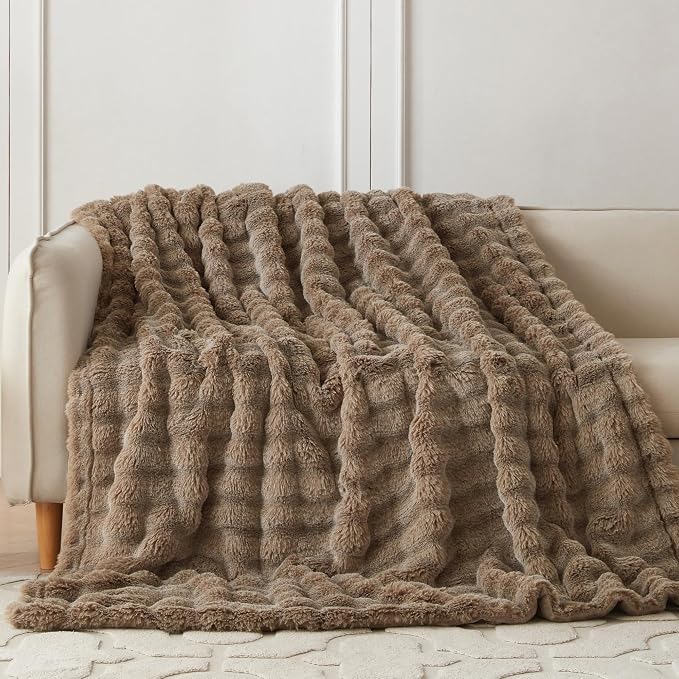 COOVA Faux Fur Throw Blanket for Couch, Cozy Soft and Fuzzy Plush Rabbit Fur Bubble Blanket for Sofa Bedroom Living Room, 50x60 Inches Cationic Brown - Image 2