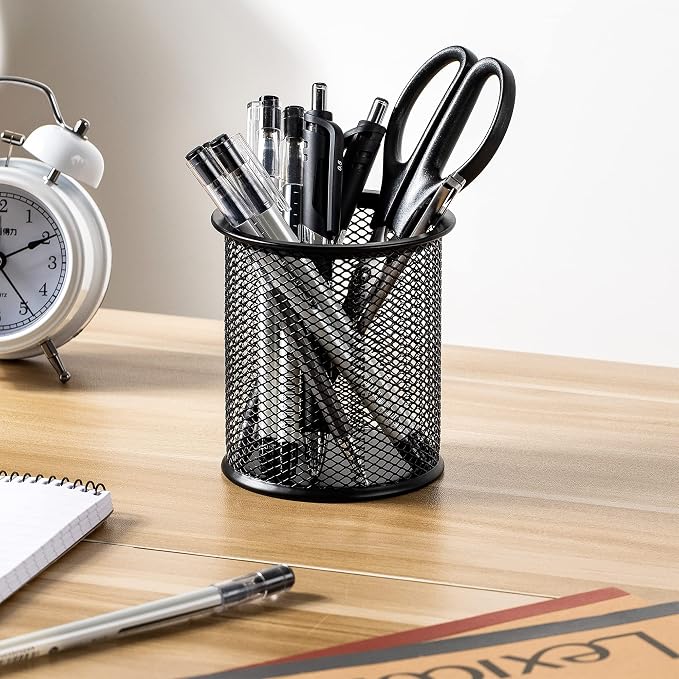 Amazon Basics Wire Mesh Pen Holder, Pencil Cup Desk Organizer for Stationery, Scissors, Office Caddy Storage, 3.7" x 3.3", Black - Image 3