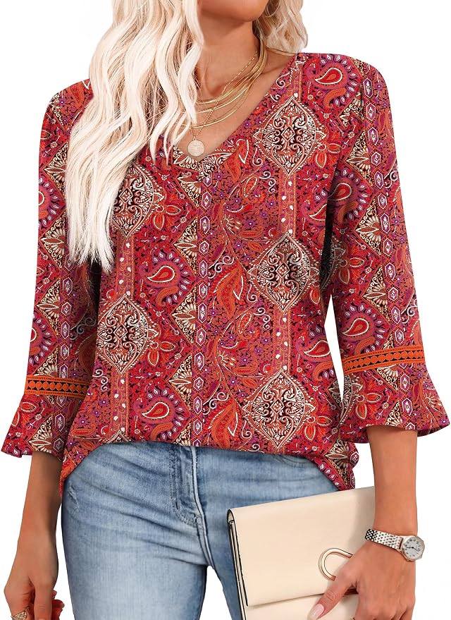 WIHOLL Womens Blouses Dressy Casual 3/4 Length Sleeve Tops Lace Trendy 2026 Spring Summer V Neck Shirts Vacation Outfits by WIHOLL