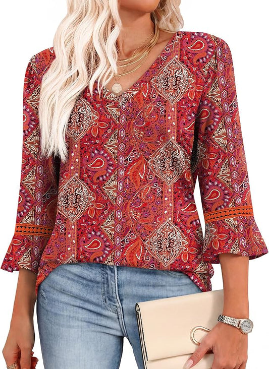 WIHOLL Womens Blouses Dressy Casual 3/4 Length Sleeve Tops Lace Trendy 2026 Spring Summer V Neck Shirts Vacation Outfits by WIHOLL