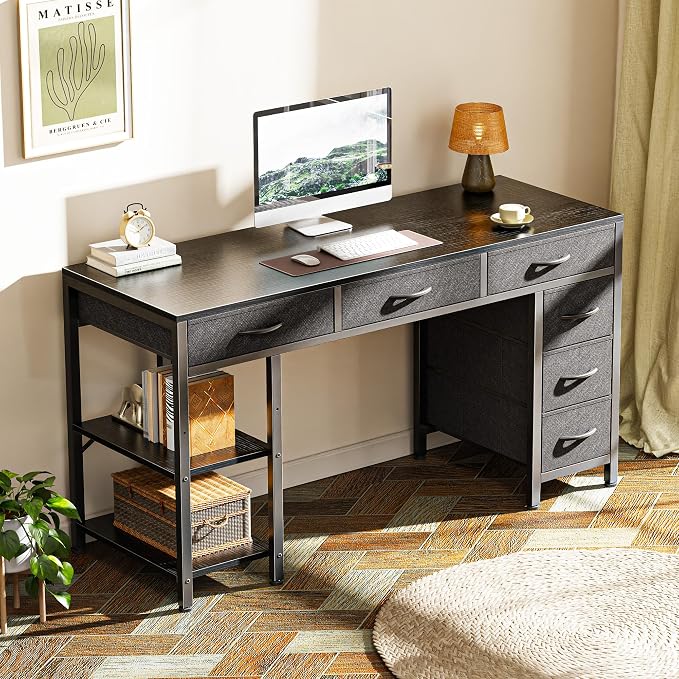 Huuger Computer Desk with 6 Drawers, Office Desk with Shelves, Reversible Gaming Desk, Corner Desk with Storage, Work for Home Office, Study, Living Room, 47inch, Black - Image 2