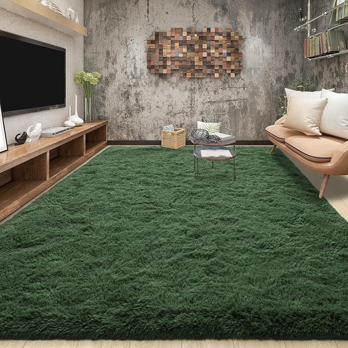 Tepook Fluffy Dark Green Rugs for Living Room Bedroom, 8x10 Soft Area Rug Forest Hunter Green Kids Girls Boys Rug, Indoor Plush Shaggy Non-Slip Carpet for Nursery Classroom Dorm Home Decor by Tepook