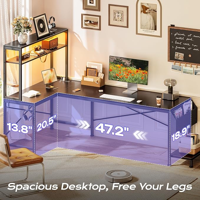 PRAISUN L Shaped Gaming Desk with LED Lights & Power Outlets, Reversible Computer Desk with Storage Shelves & Bag, Large Corner Home Office Desk with Pegboard for Work from Home, Black - Image 5