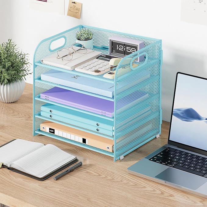 Cawukege 2 Pack 5 Tier Paper Organizer, Letter Tray with Handle, Mesh Desk Organizer, Metal File Organizer, Office Desk Accessories for Home, Office, Classroom, School -Blue - Image 7