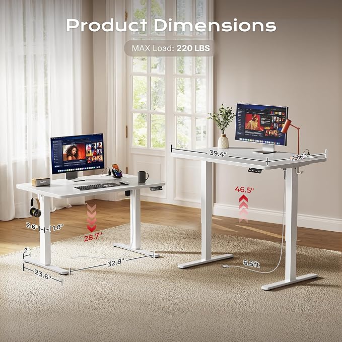 Huuger Electric Standing Desk with Power Outlets and USB-C Port, 39 X 24 Inch Height Adjustable Desk, Sit Stand Desk for Home Office, Computer & Gaming Desk with 4 Presets, Stable Steel Frame, White - Image 5