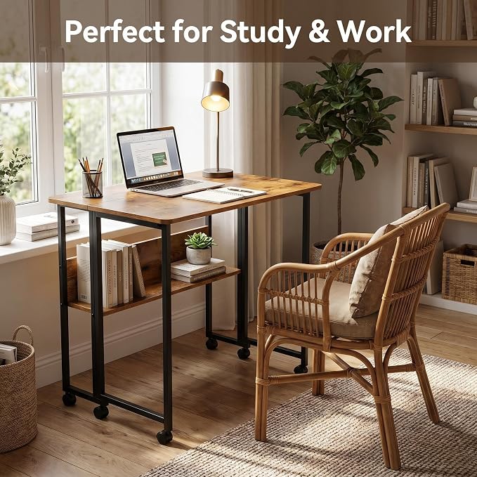 Mobile Foldable Desk w/Wheels and Feet Pads, Foldable Computer Desk, Folding Desk, Small Computer Desk for Small Spaces, Folding Table for Office Bedroom Living Room-Rustic Brown - Image 6