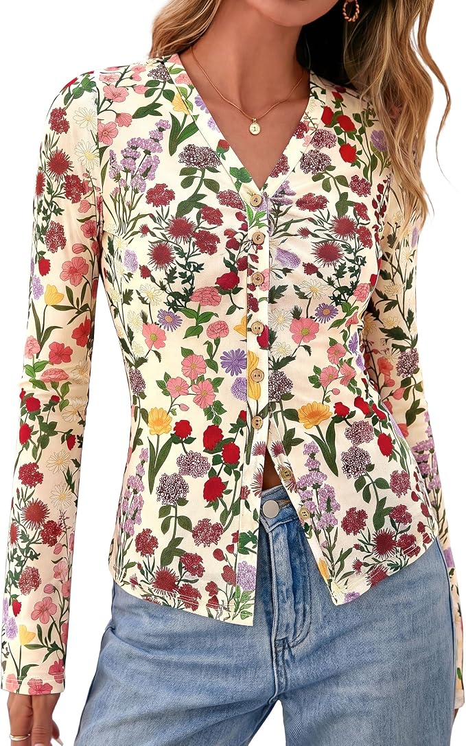BTFBM Button Down Shirts for Women 2026 Fall Boho Tops V Neck Long Sleeve Blouses Ruched Mesh Fitted Fashion Clothing - Image 7