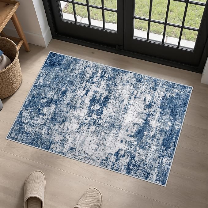 Washable Area Rug 2x3 Entryway Rug: Washable Modern Abstract Soft Thin Rug Indoor Floor No Slip Stain Resistant Carpet for Bedroom Dining Room Farmhouse Nursery Home Office - Blue by FXRHLP