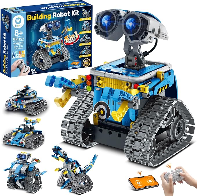 Sillbird Building Robot Kit with Remote Control STEM Gift for Boys Age 8-12 | Coding Robotic Toys, Educational Birthday Presents, App-Controlled, Build 5in1 Models, Rechargeable Blue Bot Set, 488 Pieces by Sillbird