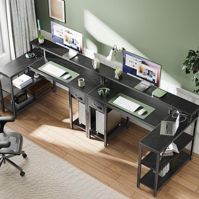 SUPERJARE 47 inch L Shaped Gaming Desk with LED Lights & Power Outlets, Reversible Computer Desk with Shelves & Monitor Stand, Corner Desk with Drawer, for Home & Office, Black - Image 7