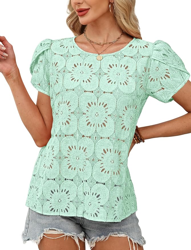 OFEEFAN Blouses for Women Dressy Casual Petal Short Sleeve Shirts Crochet Lace Boho Tops Spring Fashion Summer Outfits - Image 3