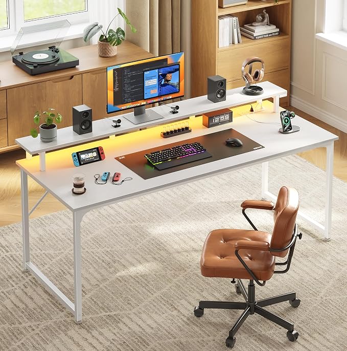 PRAISUN 55 inch Gaming Desk, LED & Power Outlets, Monitor Stand, White | Sturdy PC Desk for Home Office, Study & Work, LED Lights, 4 AC Outlets & USB-C Charging Station - Image 2