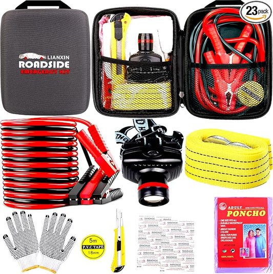 Car Emergency Kit with Battery Jumper Cables Headlamp Car Safety Kits | LIANXIN Roadside Emergency Kit Tow Straps, Art Knife, Gloves, Breakdowns Gifts for New Drivers and Teenagers by LIANXIN