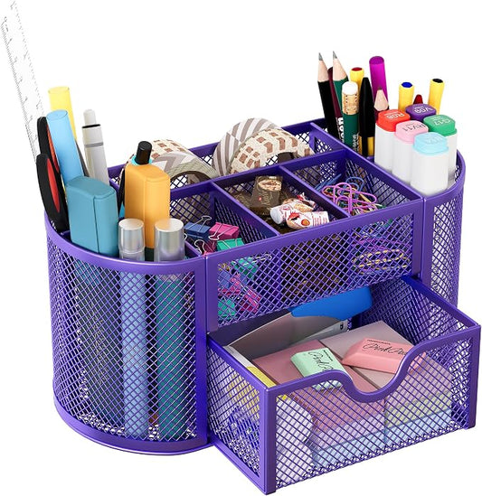 EasyPAG Mesh Pen Holder Desk Organizer with Drawer Stationery Supplies Organizer for Dorm School 9 Compartments Workspace Desk Accessories Organization for Office, Purple by EasyPAG