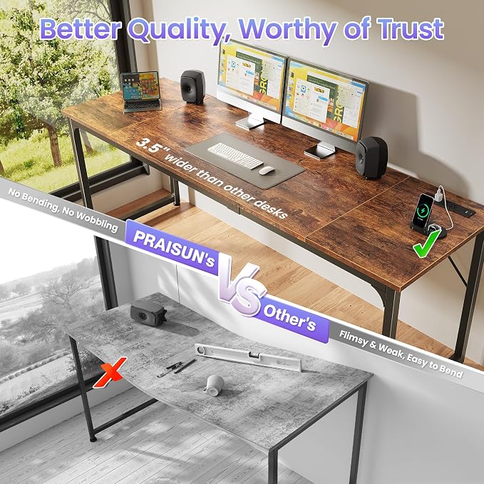 PRAISUN 80 X 24 Inch Computer Desk, Power Outlets, USB-C, Rustic Brown | Office Desk with 4 AC Outlets, USB & USB-C, Sturdy Metal Frame, Spacious Desktop for Work, Writing, Study & Gaming - Image 5