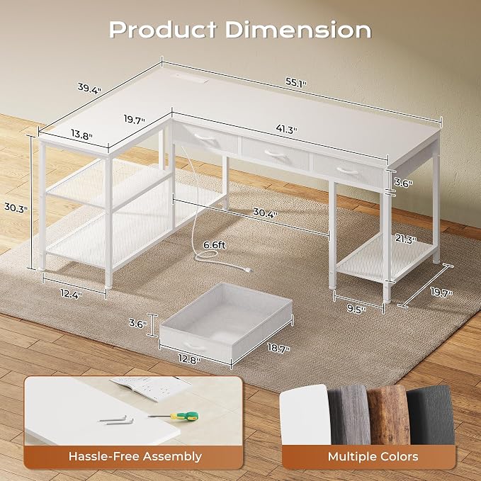PRAISUN 55 Inch L Shaped Office Desk with Power Outlets and Type-C Port, Large Computer Gaming Desk with 3 Fabric Drawers, Mesh Shelves, Corner Study Work Writing Desk, White - Image 3