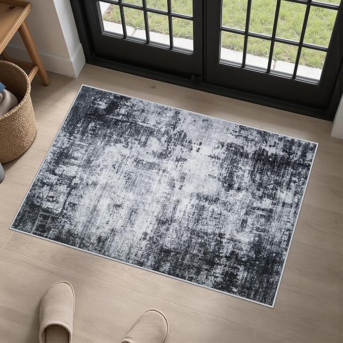 Washable Area Rug 2x3 Entryway Rug: Washable Modern Abstract Soft Thin Rug Indoor Floor No Slip Stain Resistant Carpet for Bedroom Dining Room Farmhouse Nursery Home Office - Dark Black by FXRHLP