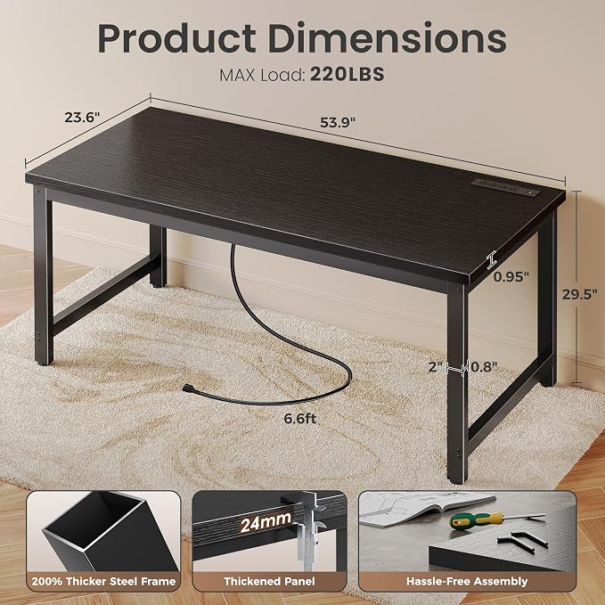 Huuger 55 x 24 inch Desk with Power Outlets & USB-C, Deeper & Thicker Desktop, Robust Metal Tubes, Computer Desk, Heavy Duty Office Desk, Work Gaming Desk for Home Office, Black - Image 2