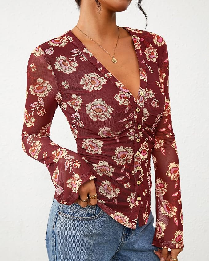 BTFBM Button Down Shirts for Women 2026 Fall Boho Tops V Neck Long Sleeve Blouses Ruched Mesh Fitted Fashion Clothing - Image 6
