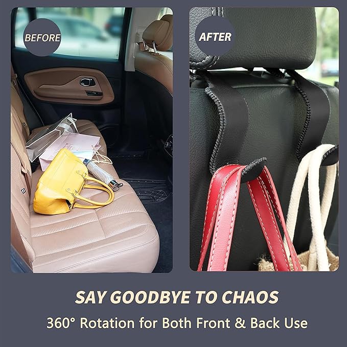 Amooca Car Seat Headrest Hook 4 Pack Metal Core Hanger Universal Car Storage Organizer for Handbag Purse Coat S Type Leather Black - Image 4