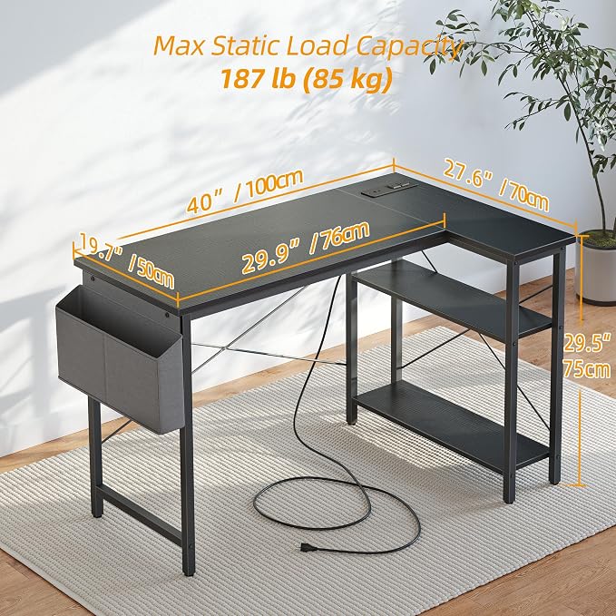 TIQLAB Gaming Desk with Power Outlets - 40 inch L Shaped Computer Desk, Reversible Design Small Corner Desk, Bookshelf Workstation for Work Study Play Home Office, Black - Image 3