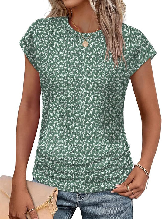 Sampeel Womens Summer Tops Trendy 2026 Ruched Cap Short Sleeve Tshirts Shirts Crew Neck T Shirts Fashion by SAMPEEL