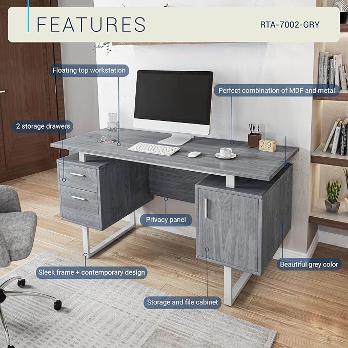 Techni Mobili Modern Office Desk with Storage, Gray - Image 4