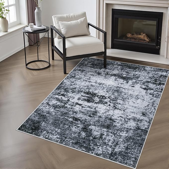 Washable Area Rug 3x5 Entryway Rug: Washable Modern Abstract Soft Thin Rug Indoor Floor No Slip Stain Resistant Carpet for Bedroom Dining Room Farmhouse Nursery Home Office - Black by FXRHLP