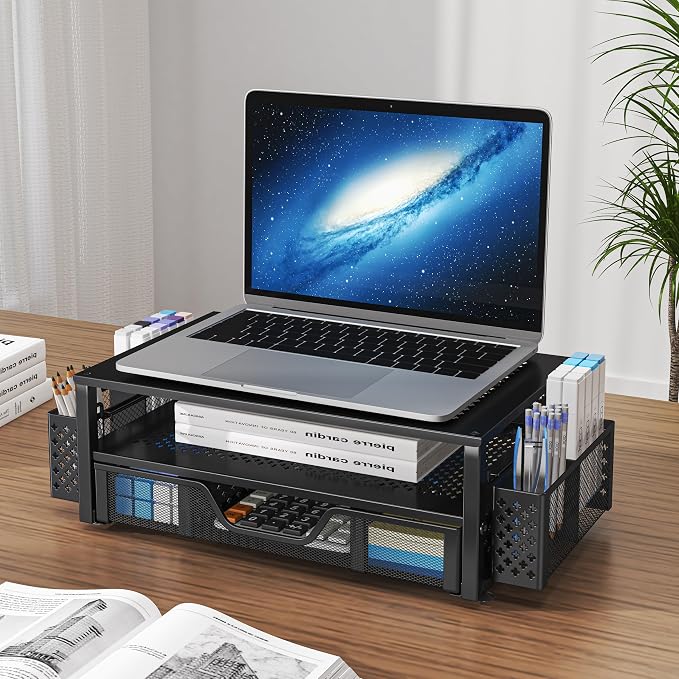 Simple Trending 2-Tier Metal Monitor Stand with Drawer & Pen Holder, Black | 20"W x 10"D x 5.8"H. Metal mesh cooling prevents overheating. 2-tier + drawer + pen holders. Non-slip. Fits laptop & monitor. - Image 5