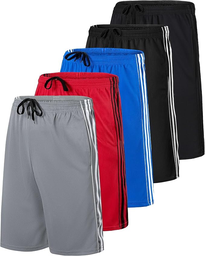5 Pack Men's Mesh Shorts Athletic Basketball Sports Gym Workout Pockets | Cooling Moisture-Wicking, 9", Long, Quick-Dry, Breathable, Elastic Drawstring Waistband. Running, Exercise, Soccer, Training. by RealEssentials