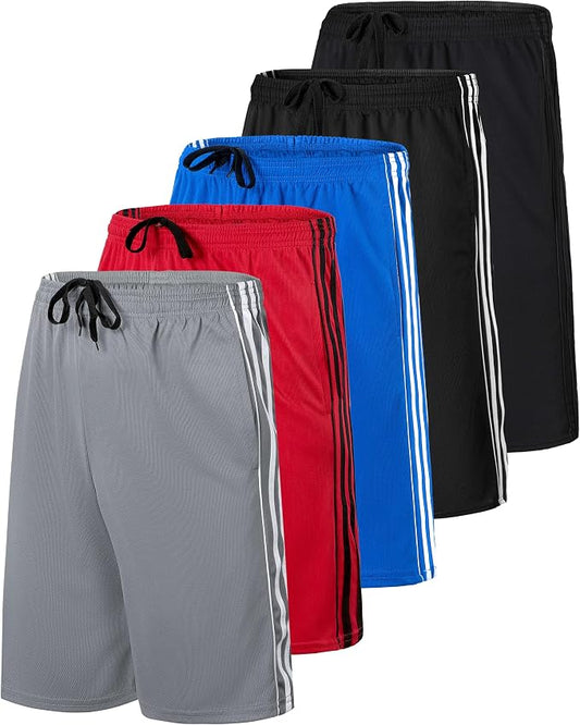 5 Pack Men's Mesh Shorts Athletic Basketball Sports Gym Workout Pockets | Cooling Moisture-Wicking, 9", Long, Quick-Dry, Breathable, Elastic Drawstring Waistband. Running, Exercise, Soccer, Training. by RealEssentials