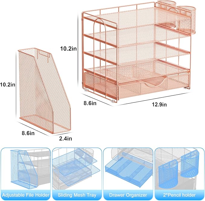gianotter 5-Tier Desk Organizer with Drawers and File Holders | Letter Trays and Pen Holders - Workspace Accessories for Office Supplies (Rose Gold) - Image 5