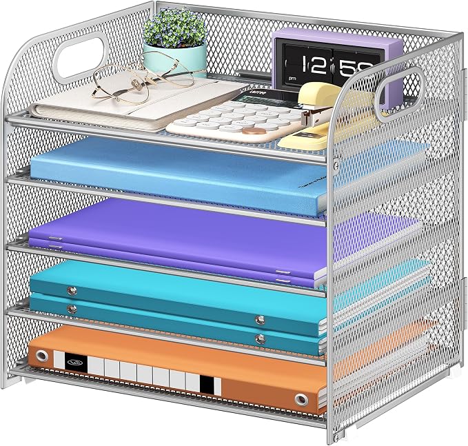 Cawukege 5 Tier Paper Organizer with Handle, Silver Metal Mesh Desk Organizer File Folder Paper Letter Tray Desktop Document Sorter for Classroom, School, Office Accessories Organization and Storage by Cawukege