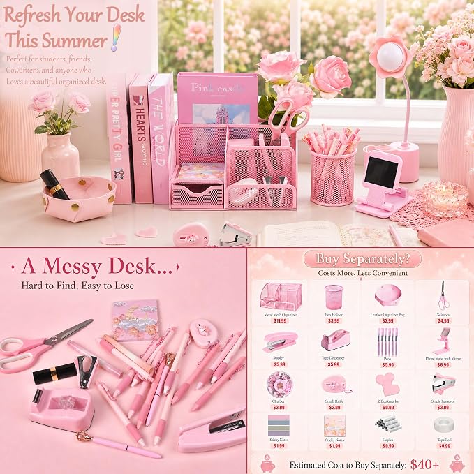 Pink Desk Accessories, 24Pcs Pink Office Supplies and Desk Organizers, with Tape Dispenser, Stapler, Staple Remover, Ect, Gift Box Packaging - Image 3