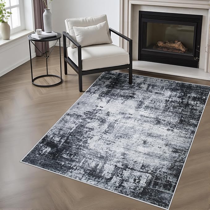 Washable Area Rug 3x5 Entryway Rug: Washable Modern Abstract Soft Thin Rug Indoor Floor No Slip Stain Resistant Carpet for Bedroom Dining Room Farmhouse Nursery Home Office - Dark Black by FXRHLP