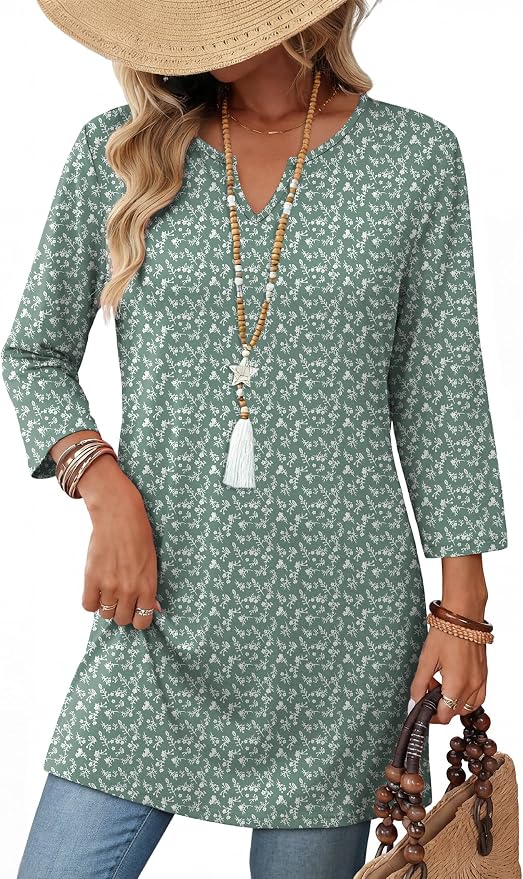 OFEEFAN Summer Boho Tops For Women 3/4 Length Sleeve Womens Tops Vacation Outfits by OFEEFAN