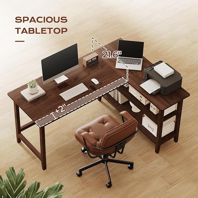 IOTXY Reversible L-Shaped Office Desk - 53" Modern Corner Computer Table with Storage Shelves, Solid Wood Legs, Home Writing & Study Workstation, Walnut - Image 7