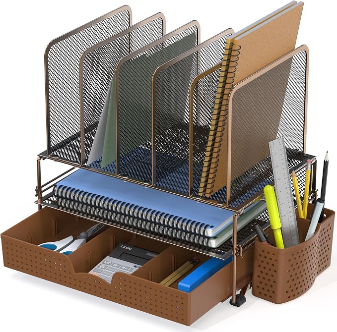 Simple Houseware Desk File Organizer for Office Supplies w/Drawer, Copper | Double Tray, Pencil Holder, and 5 Upright Sections with Sliding Drawer - Image 5