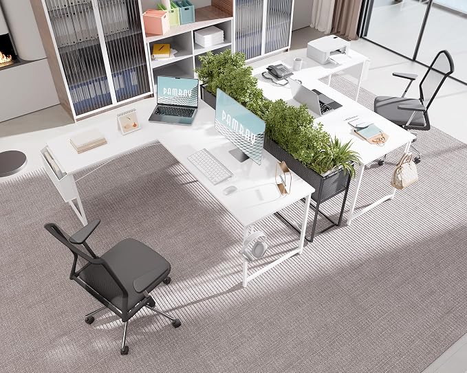 Pamray 64.5 Inch Reversible L Shaped Gaming Desk Large Corner Computer Desk with Storage Bag Home Office Table for Writing Study White - Image 2